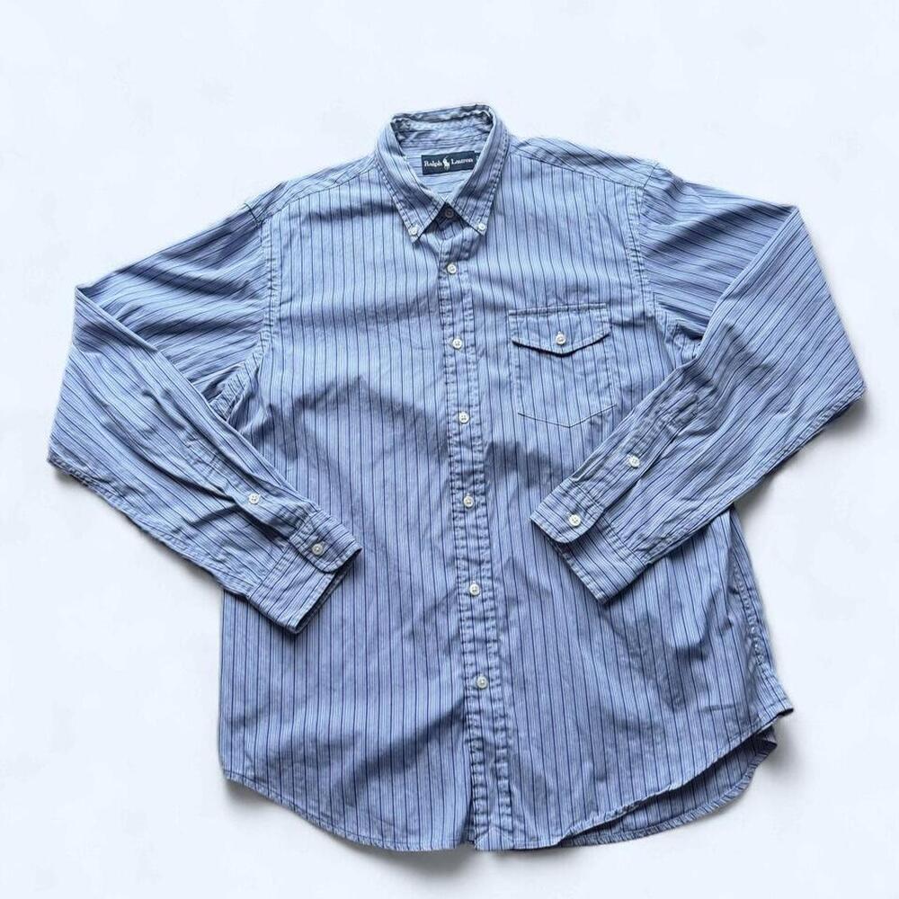 Vintage 90s Ralph Lauren Workwear Stripe Button Down Shirt Men’s Size L Blue Gre